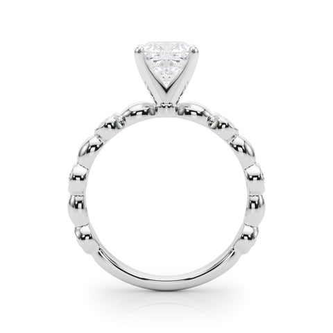 White gold Cushion Solitaire Bezel-Set Diamond Ring with Beaded Band and Four-Prong Setting