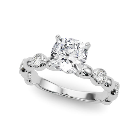 White gold Cushion Solitaire Bezel-Set Diamond Ring with Beaded Band and Four-Prong Setting