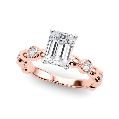 Rose gold Emerald Solitaire Bezel-Set Diamond Ring with Beaded Band and Four-Prong Setting