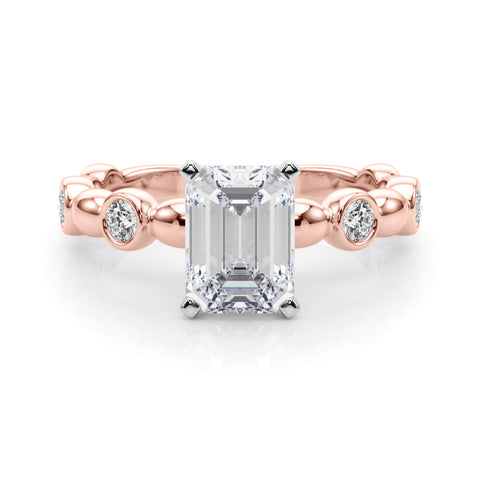 Rose gold Emerald Solitaire Bezel-Set Diamond Ring with Beaded Band and Four-Prong Setting