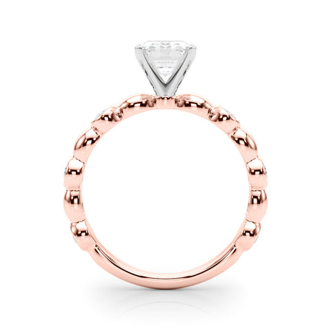 Rose gold Emerald Solitaire Bezel-Set Diamond Ring with Beaded Band and Four-Prong Setting