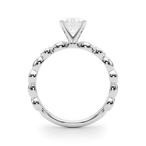 White gold Emerald Solitaire Bezel-Set Diamond Ring with Beaded Band and Four-Prong Setting