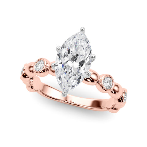 Rose gold Marquise Solitaire Bezel-Set Diamond Ring with Beaded Band and Four-Prong Setting