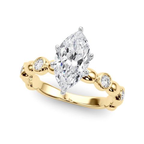 Yellow gold Marquise Solitaire Bezel-Set Diamond Ring with Beaded Band and Four-Prong Setting