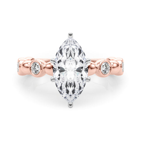 Rose gold Marquise Solitaire Bezel-Set Diamond Ring with Beaded Band and Four-Prong Setting