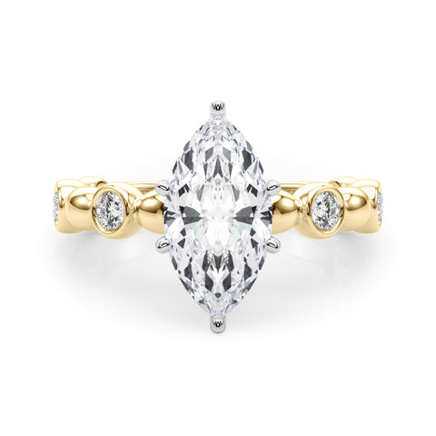 Yellow gold Marquise Solitaire Bezel-Set Diamond Ring with Beaded Band and Four-Prong Setting