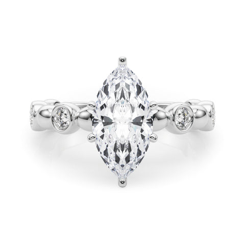 White gold Marquise Solitaire Bezel-Set Diamond Ring with Beaded Band and Four-Prong Setting