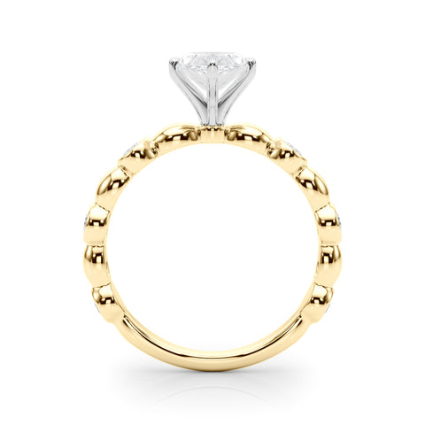 Yellow gold Marquise Solitaire Bezel-Set Diamond Ring with Beaded Band and Four-Prong Setting