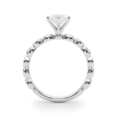 White gold Marquise Solitaire Bezel-Set Diamond Ring with Beaded Band and Four-Prong Setting