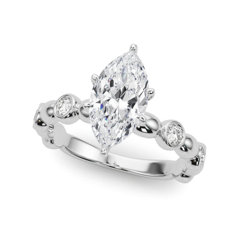 White gold Marquise Solitaire Bezel-Set Diamond Ring with Beaded Band and Four-Prong Setting