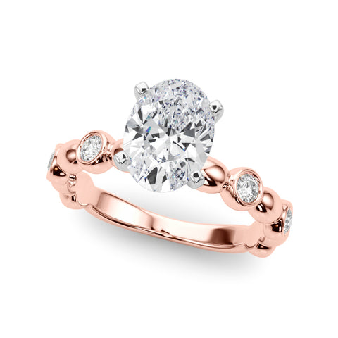 Rose gold Oval Solitaire Bezel-Set Diamond Ring with Beaded Band and Four-Prong Setting