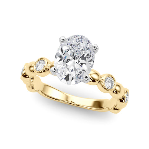 Yellow gold Oval Solitaire Bezel-Set Diamond Ring with Beaded Band and Four-Prong Setting