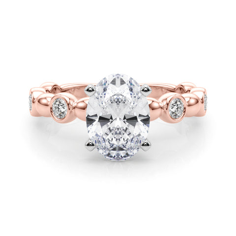 Rose gold Oval Solitaire Bezel-Set Diamond Ring with Beaded Band and Four-Prong Setting