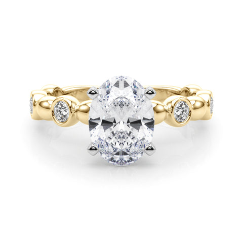 Yellow gold Oval Solitaire Bezel-Set Diamond Ring with Beaded Band and Four-Prong Setting