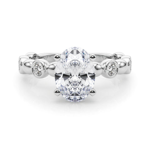 White gold Oval Solitaire Bezel-Set Diamond Ring with Beaded Band and Four-Prong Setting