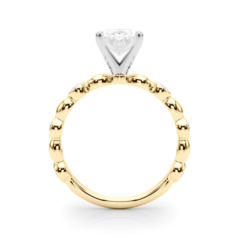 Yellow gold Oval Solitaire Bezel-Set Diamond Ring with Beaded Band and Four-Prong Setting