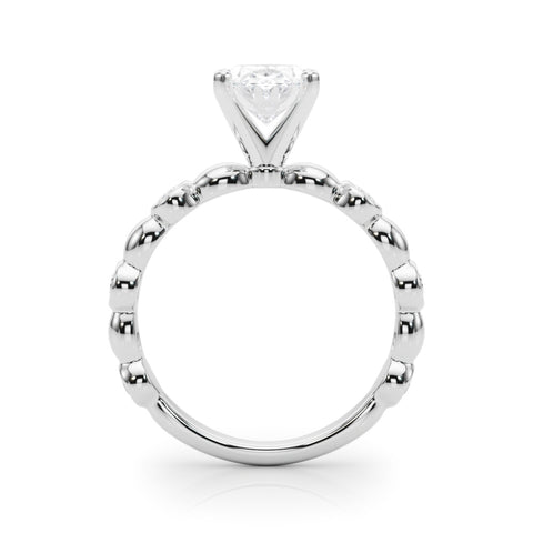 White gold Oval Solitaire Bezel-Set Diamond Ring with Beaded Band and Four-Prong Setting