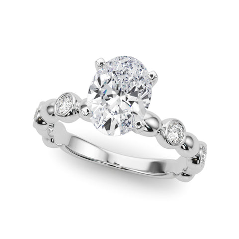 White gold Oval Solitaire Bezel-Set Diamond Ring with Beaded Band and Four-Prong Setting