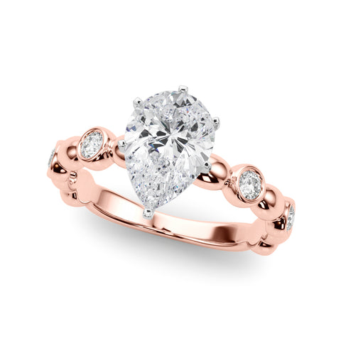 Rose gold Pear Solitaire Bezel-Set Diamond Ring with Beaded Band and Four-Prong Setting