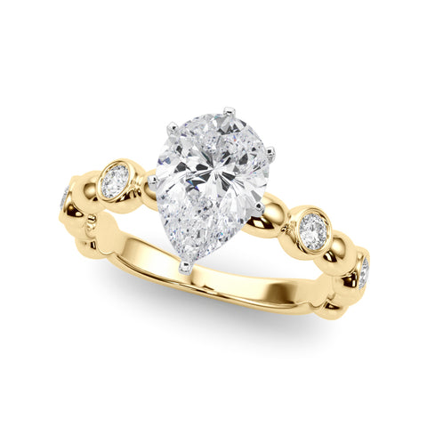 Yellow gold Pear Solitaire Bezel-Set Diamond Ring with Beaded Band and Four-Prong Setting