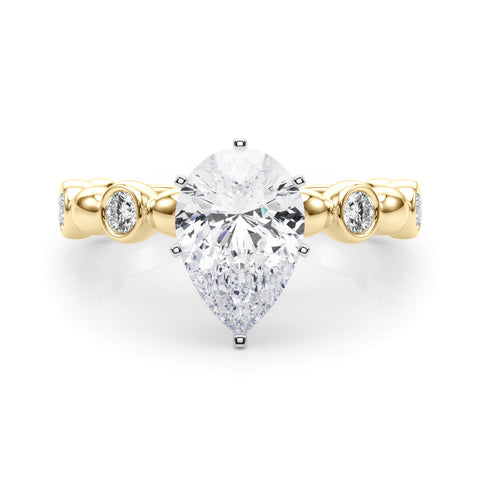 Yellow gold Pear Solitaire Bezel-Set Diamond Ring with Beaded Band and Four-Prong Setting