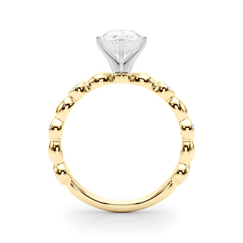 Yellow gold Pear Solitaire Bezel-Set Diamond Ring with Beaded Band and Four-Prong Setting