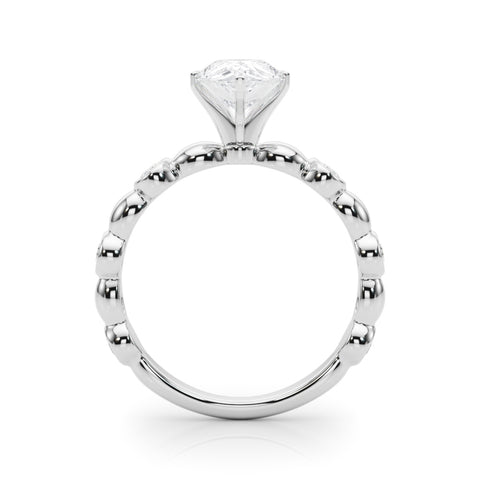 White gold Pear Solitaire Bezel-Set Diamond Ring with Beaded Band and Four-Prong Setting