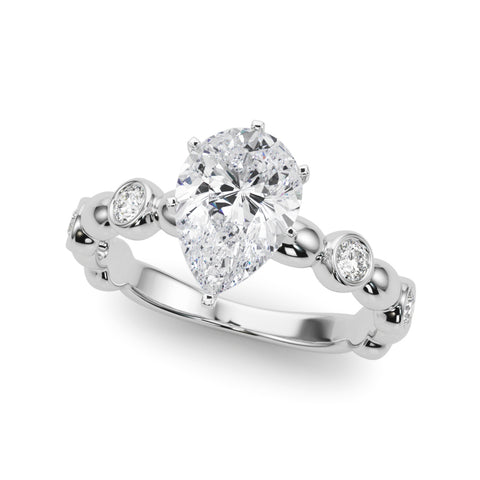 White gold Pear Solitaire Bezel-Set Diamond Ring with Beaded Band and Four-Prong Setting