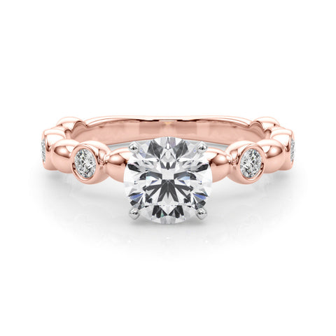 Rose gold Round Solitaire Bezel-Set Diamond Ring with Beaded Band and Four-Prong Setting