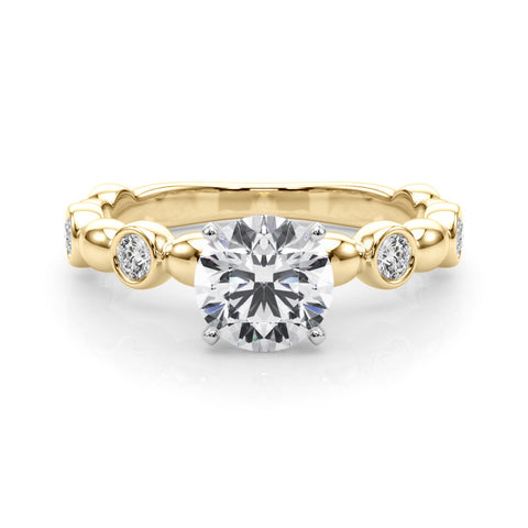 Yellow gold Round Solitaire Bezel-Set Diamond Ring with Beaded Band and Four-Prong Setting