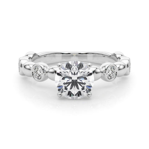 White gold Round Solitaire Bezel-Set Diamond Ring with Beaded Band and Four-Prong Setting