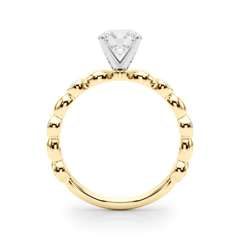 Yellow gold Round Solitaire Bezel-Set Diamond Ring with Beaded Band and Four-Prong Setting