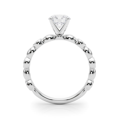 White gold Round Solitaire Bezel-Set Diamond Ring with Beaded Band and Four-Prong Setting