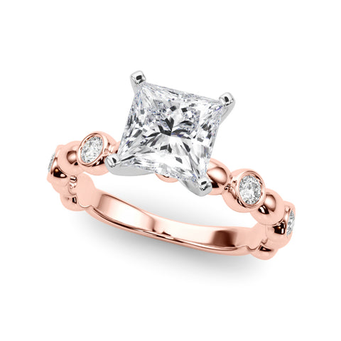 Rose gold Princess Solitaire Bezel-Set Diamond Ring with Beaded Band and Four-Prong Setting