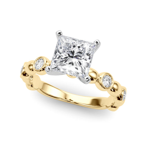 Yellow gold Princess Solitaire Bezel-Set Diamond Ring with Beaded Band and Four-Prong Setting