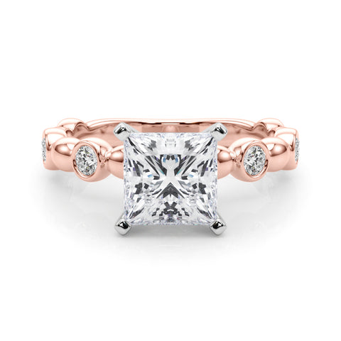 Rose gold Princess Solitaire Bezel-Set Diamond Ring with Beaded Band and Four-Prong Setting