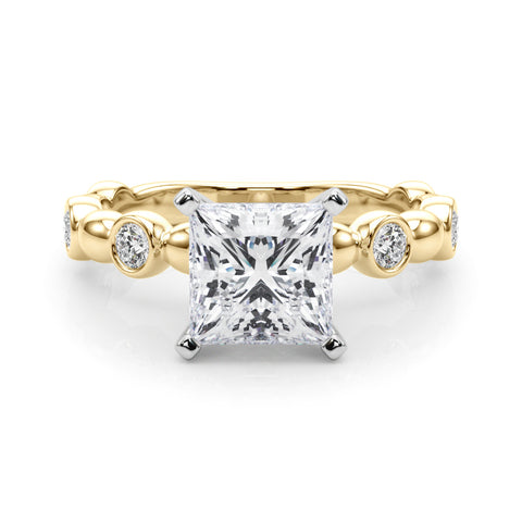 Yellow gold Princess Solitaire Bezel-Set Diamond Ring with Beaded Band and Four-Prong Setting