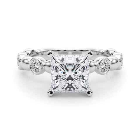 White gold Princess Solitaire Bezel-Set Diamond Ring with Beaded Band and Four-Prong Setting