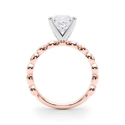 Rose gold Princess Solitaire Bezel-Set Diamond Ring with Beaded Band and Four-Prong Setting