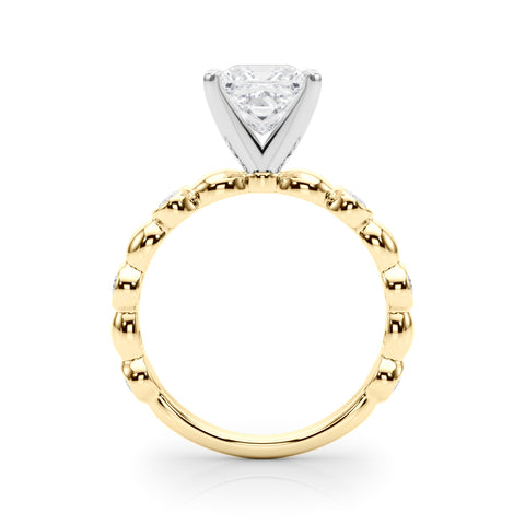 Yellow gold Princess Solitaire Bezel-Set Diamond Ring with Beaded Band and Four-Prong Setting