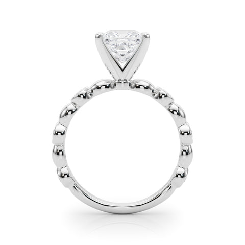 White gold Princess Solitaire Bezel-Set Diamond Ring with Beaded Band and Four-Prong Setting