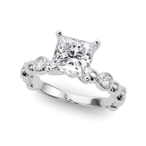 White gold Princess Solitaire Bezel-Set Diamond Ring with Beaded Band and Four-Prong Setting