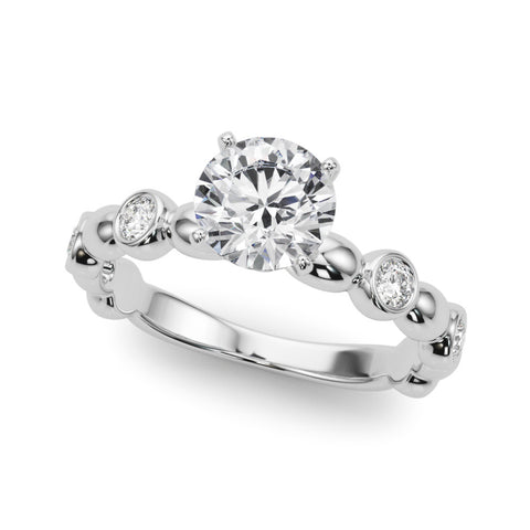 White gold Round Solitaire Bezel-Set Diamond Ring with Beaded Band and Four-Prong Setting