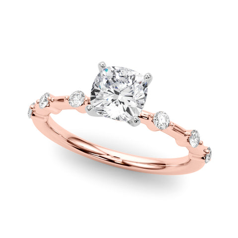 Rose gold Cushion Solitaire Diamond Ring with Bezel Set Side Stones and Prong Setting