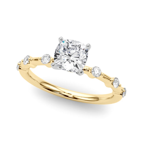 Yellow gold Cushion Solitaire Diamond Ring with Bezel Set Side Stones and Prong Setting