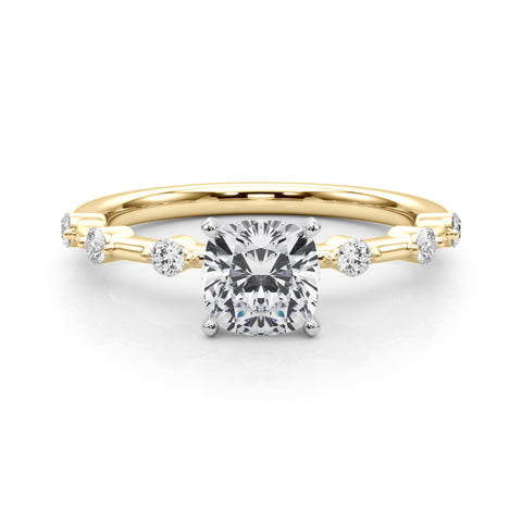 Yellow gold Cushion Solitaire Diamond Ring with Bezel Set Side Stones and Prong Setting