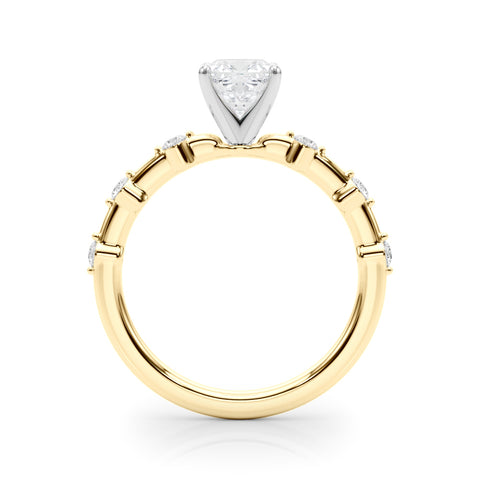 Yellow gold Cushion Solitaire Diamond Ring with Bezel Set Side Stones and Prong Setting