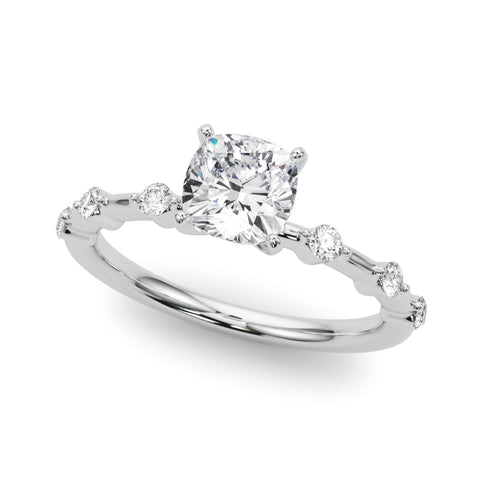 White gold Cushion Solitaire Diamond Ring with Bezel Set Side Stones and Prong Setting