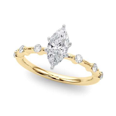 Yellow gold Marquise Solitaire Diamond Ring with Bezel Set Side Stones and Prong Setting