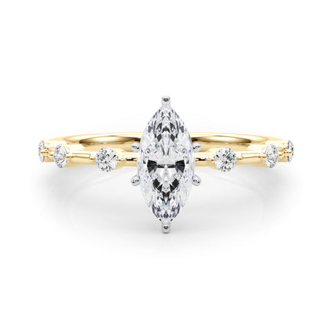 Yellow gold Marquise Solitaire Diamond Ring with Bezel Set Side Stones and Prong Setting